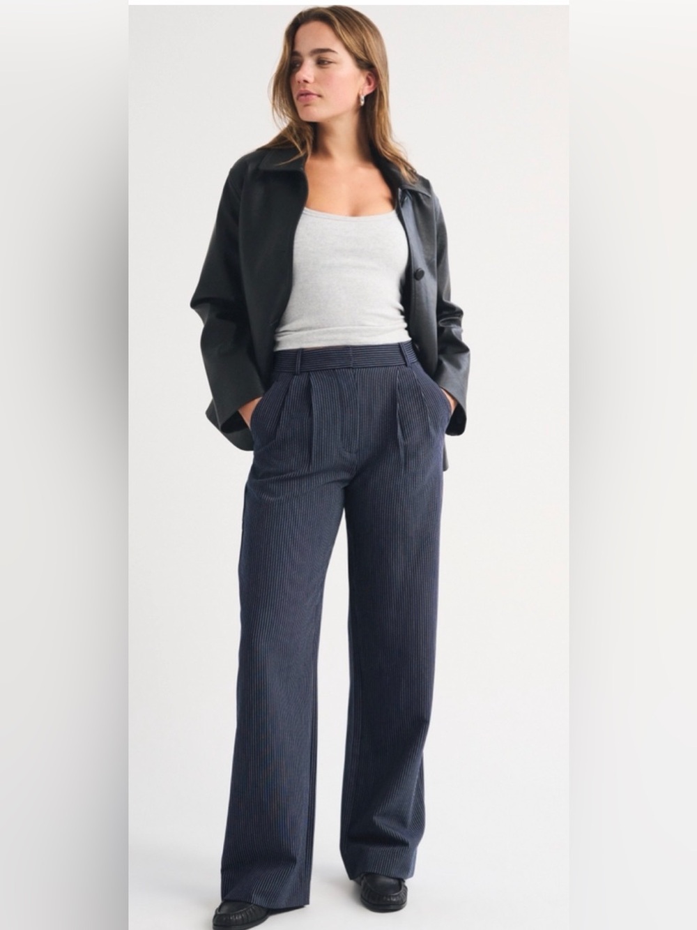 Abercrombie & Fitch Sloane Curve Love Navy Pinstripe Wide-Leg Trousers